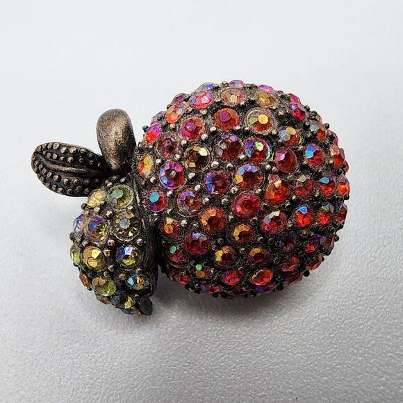 Laila Rowe Apple Brooch Aurora Borealis Crystal Pavé Red Fruit Pin 1" - Picture 4 of 5